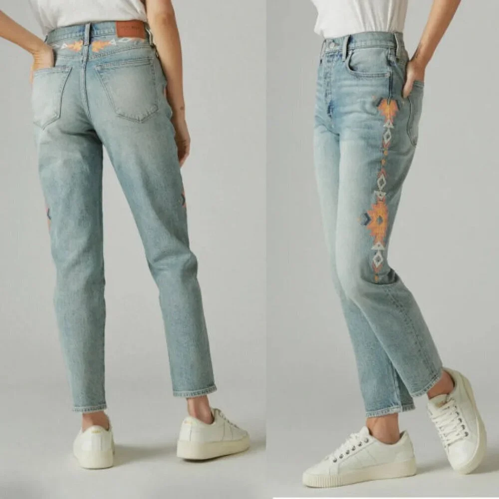 Lucky Brand Aztec Embroidered Jeans Womens 2 / 26 Button Fly High Rise Crop Drew